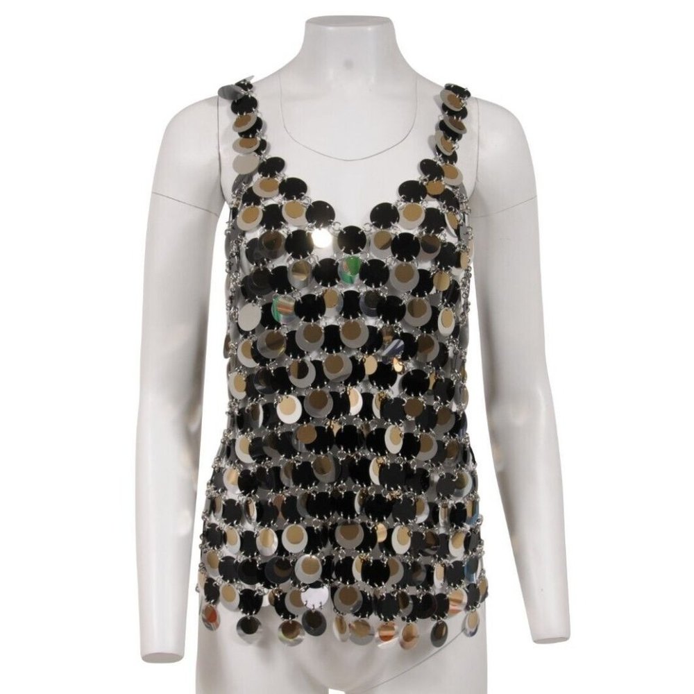 Paco Rabanne Womens Metallic Disks V Neck Dress SZ 40 Black Silver Brass Chain